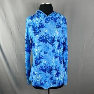 Scales Gear Performance Top Women Large Blue Tropical Print Hooded Raglan Sleeve
